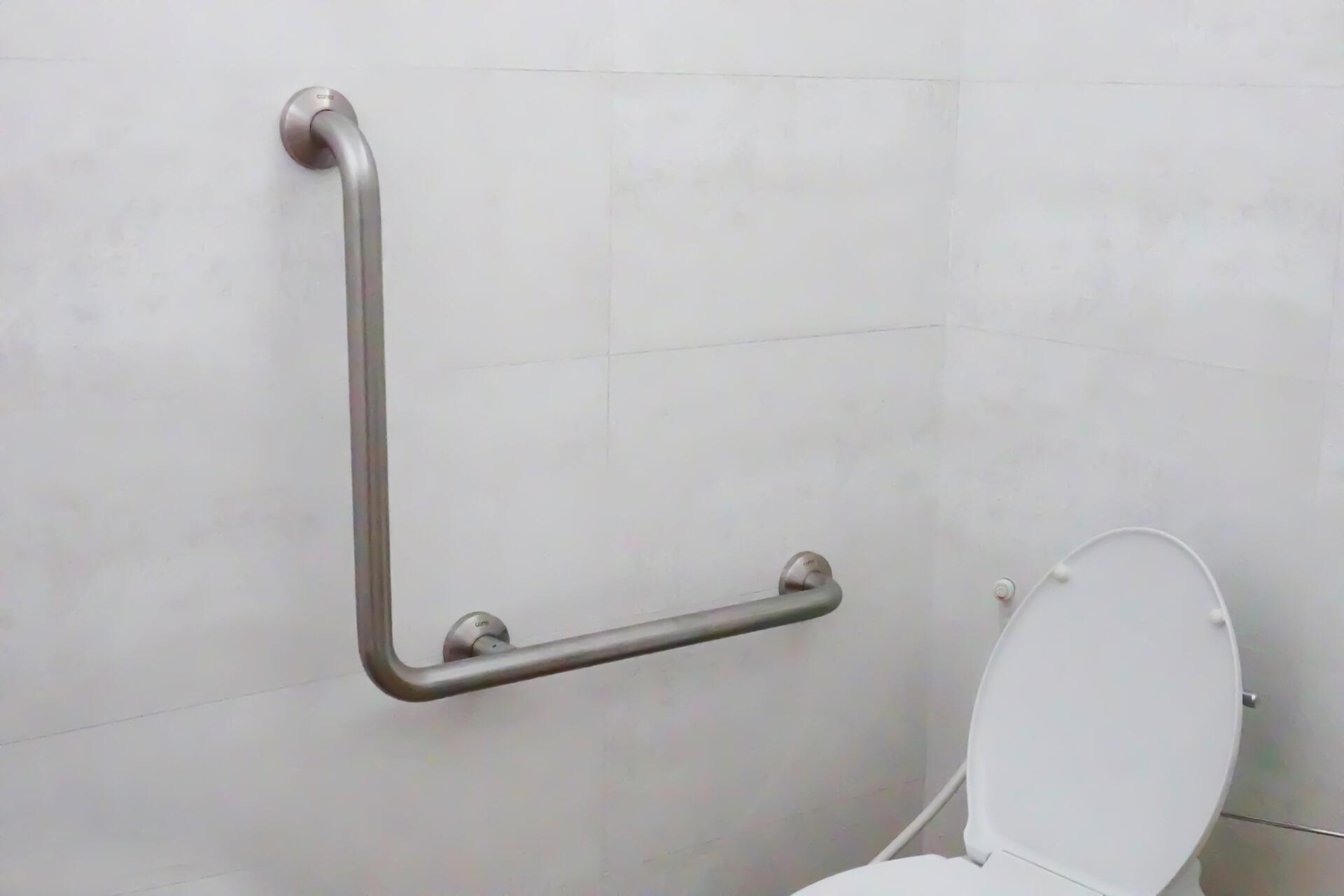 A white toilet featuring a handrail, positioned in a modern bathroom environment.
