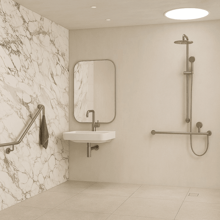 Sydney accessible bathroom with marble feature wall, grab rails, wall-mounted basin, and open shower design.